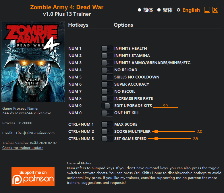 zombie army trilogy trainer 1.8.20.01