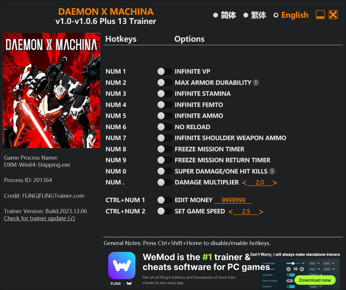 Daemon X Machina Trainer/Cheat