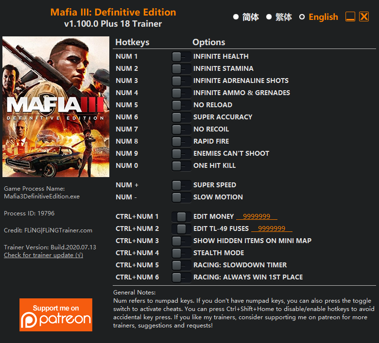Mafia III: Definitive Edition Trainer/Cheat. 