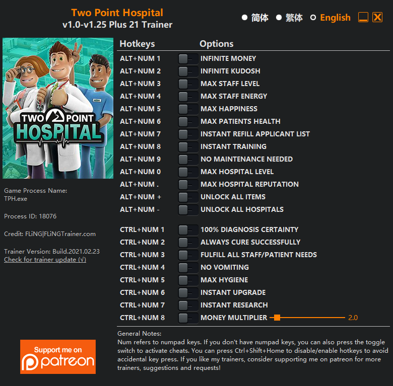 Two Point Hospital Trainer/Cheat