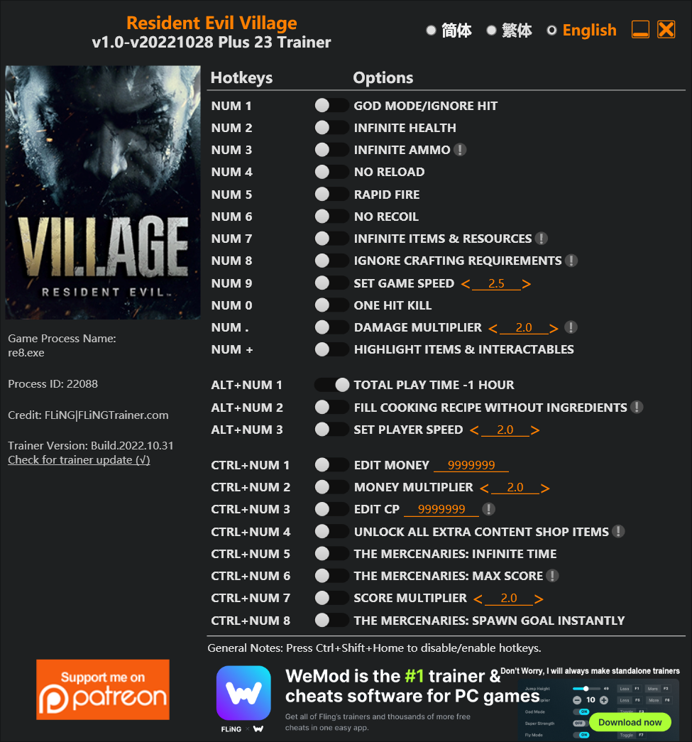 Resident Evil Village Trainer FLiNG Trainer - Game Cheats and Mods