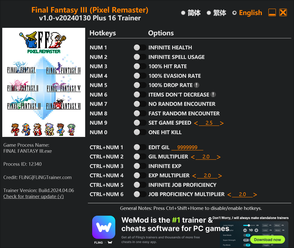 Final Fantasy III (Pixel Remaster) Trainer/Cheat