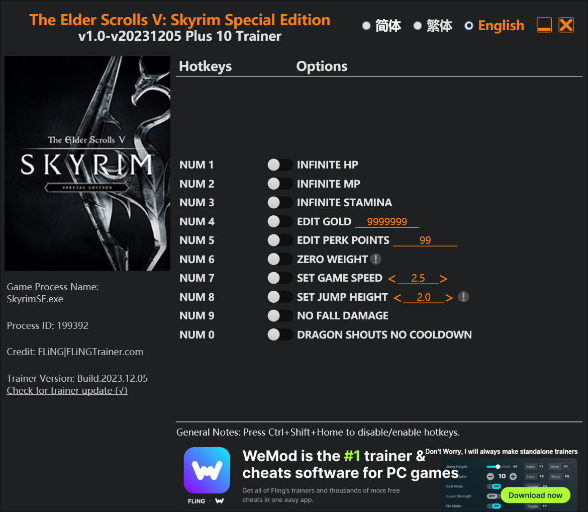 The Elder Scrolls V: Skyrim Special Edition Trainer/Cheat